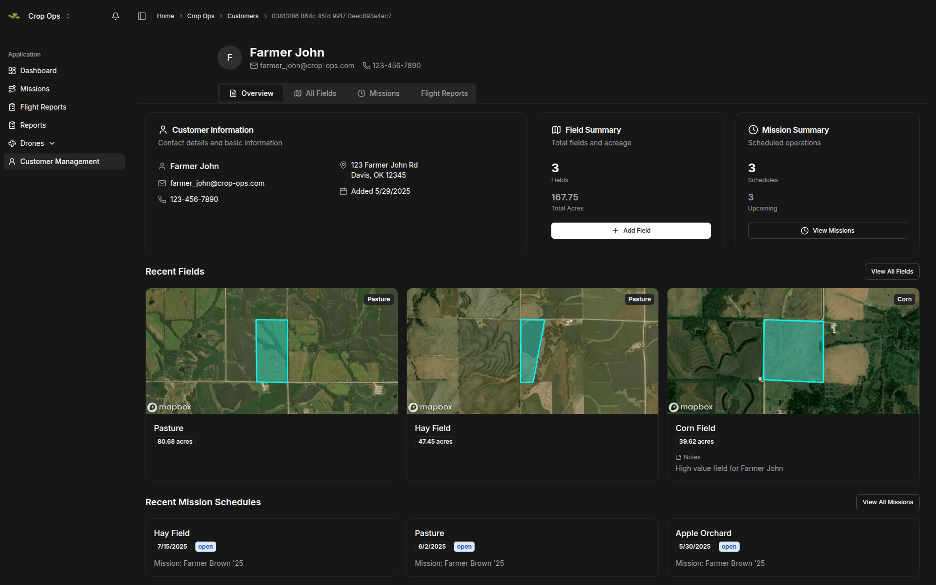 Crop Ops Customer Management Dashboard showing client profiles and field data