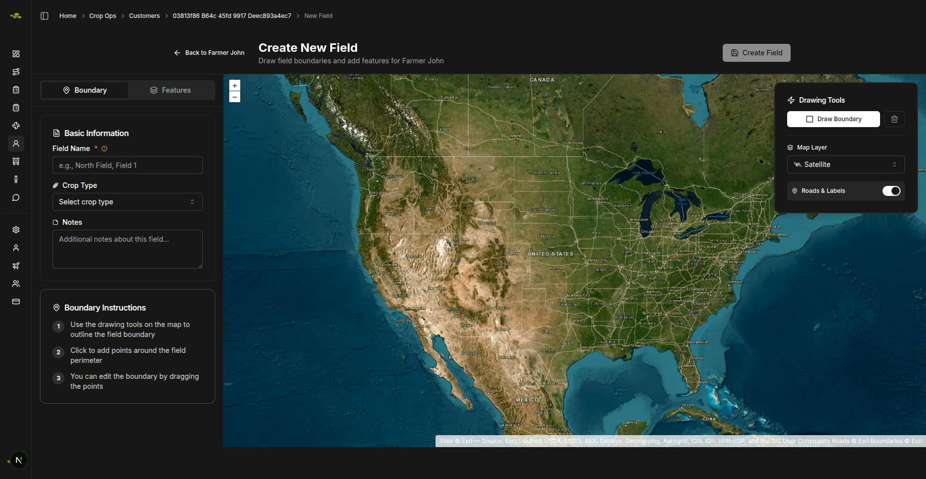 Crop Ops Field Management Dashboard showing precision mapping and treatment areas for agricultural drone operations
