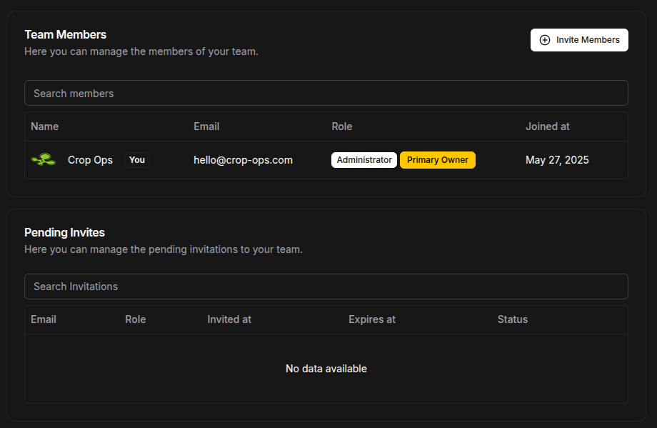 Crop Ops Team Invitation Dashboard showing how to invite crew members with role-based access