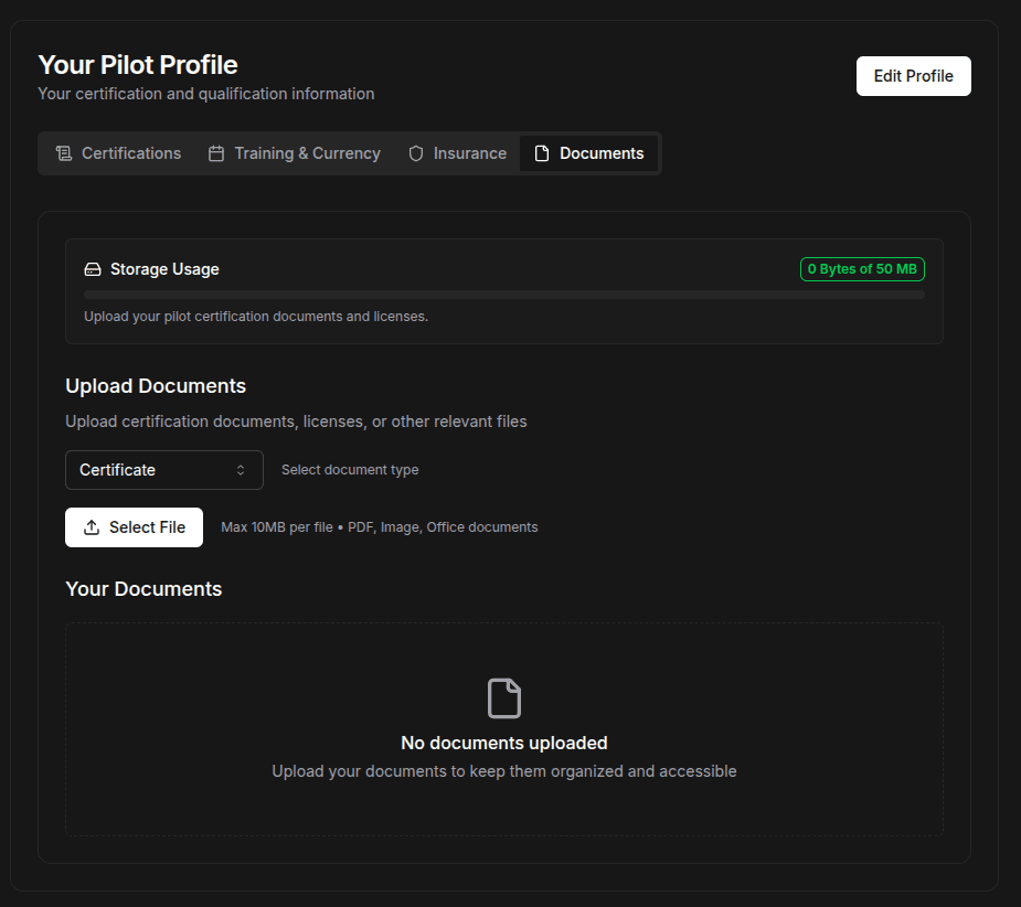 Crop Ops Pilot Profile Dashboard showing certifications and document management