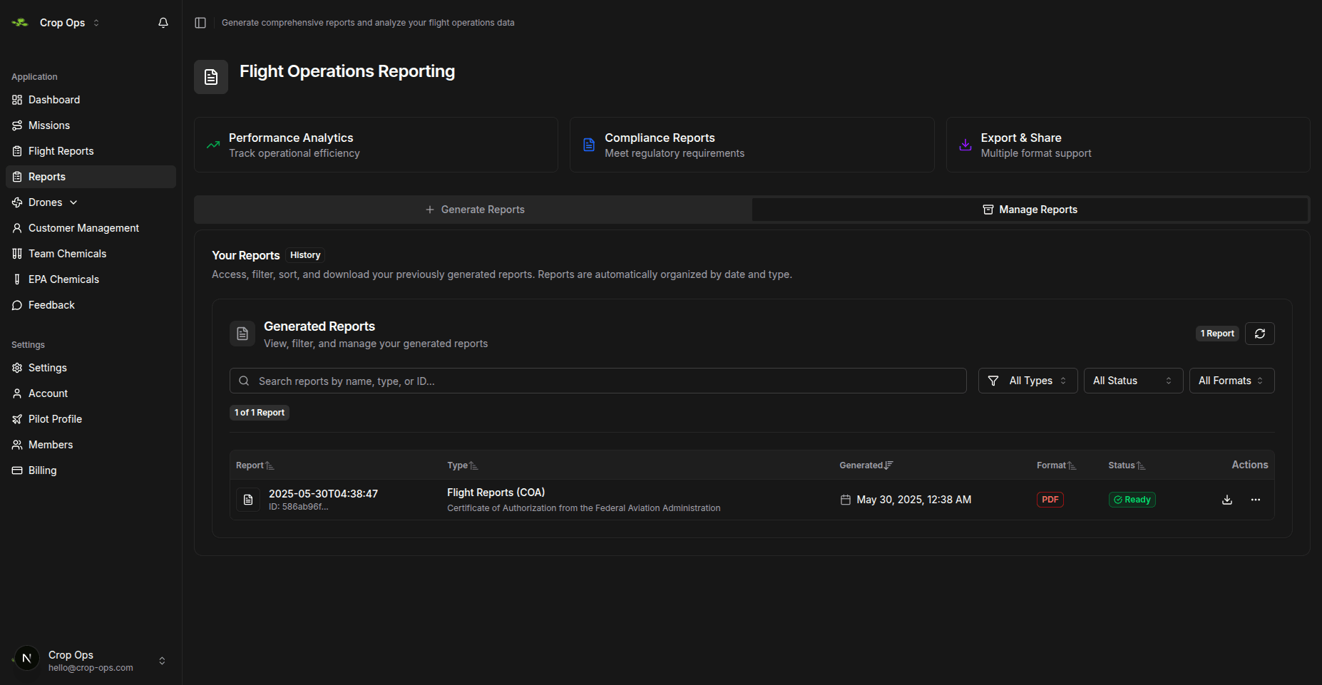 Crop Ops Reporting Dashboard showing comprehensive analytics and business reports